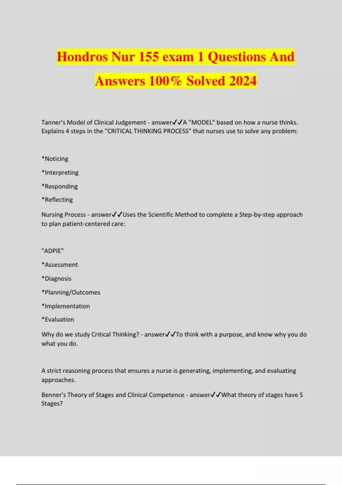 Hondros Nur 155 exam 1 Questions And Answers 100% Solved 2024 - Hondros ...
