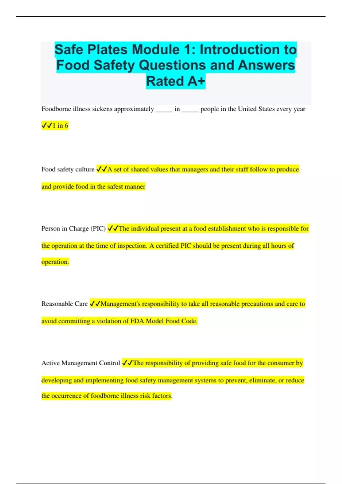 Safe Plates Module 1 Introduction to Food Safety Questions and Answers