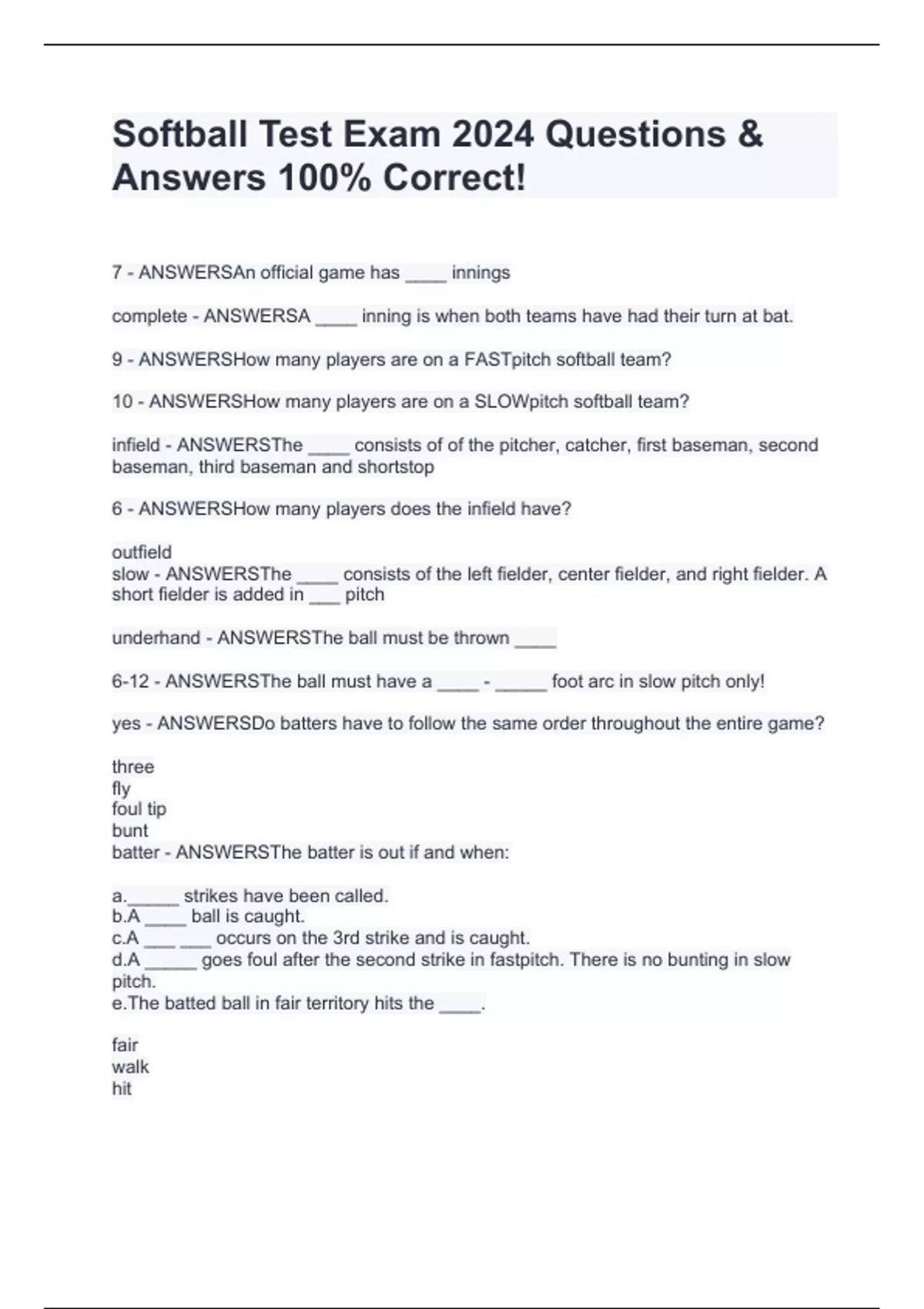 Softball Test Exam 2024 Questions & Answers 100 Correct! Softball