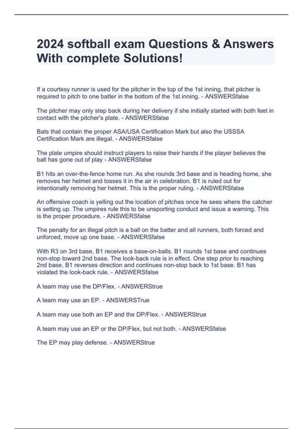 2024 softball exam Questions & Answers With complete Solutions! 2024