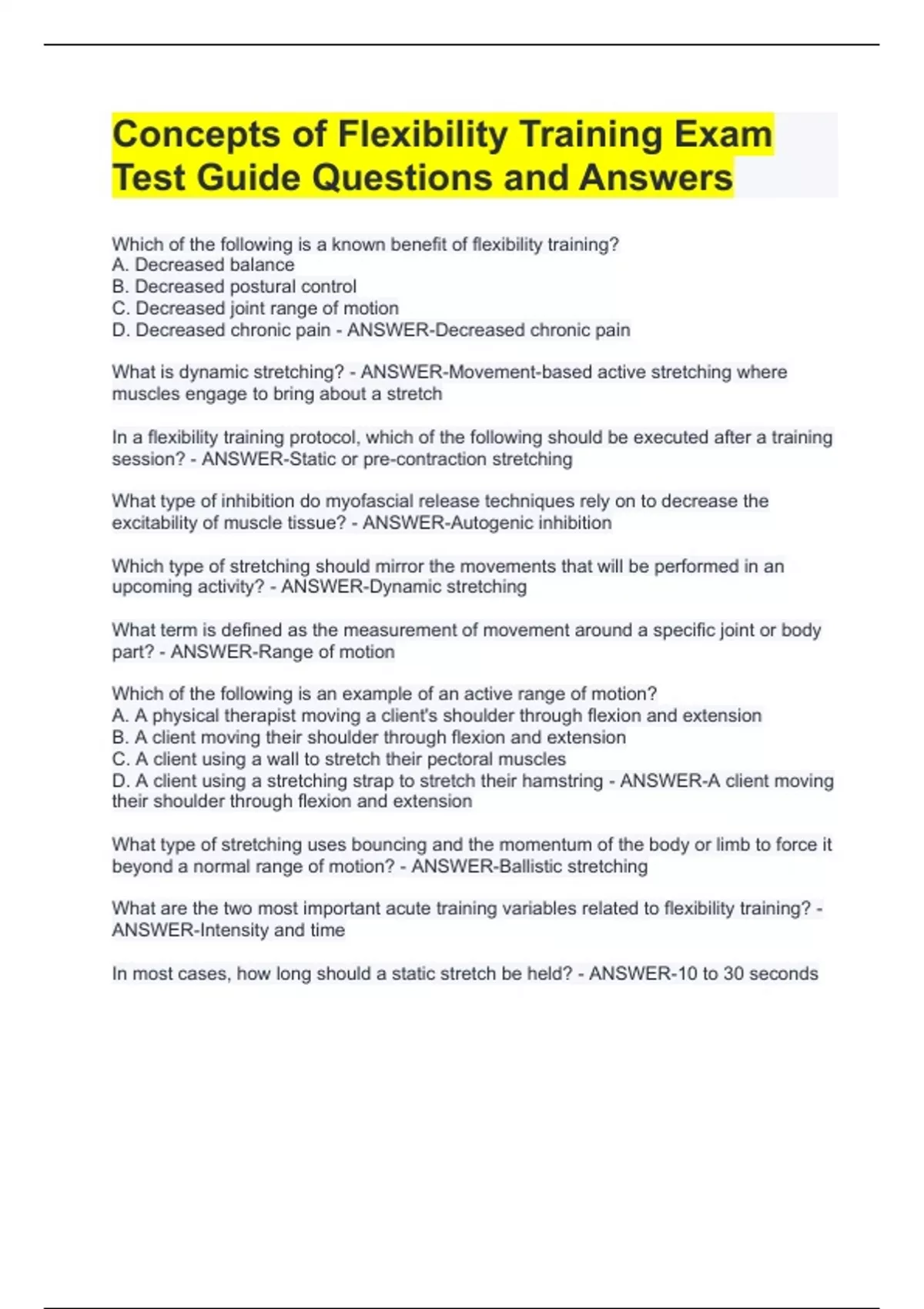Concepts of Flexibility Training Exam Test Guide Questions and Answers ...