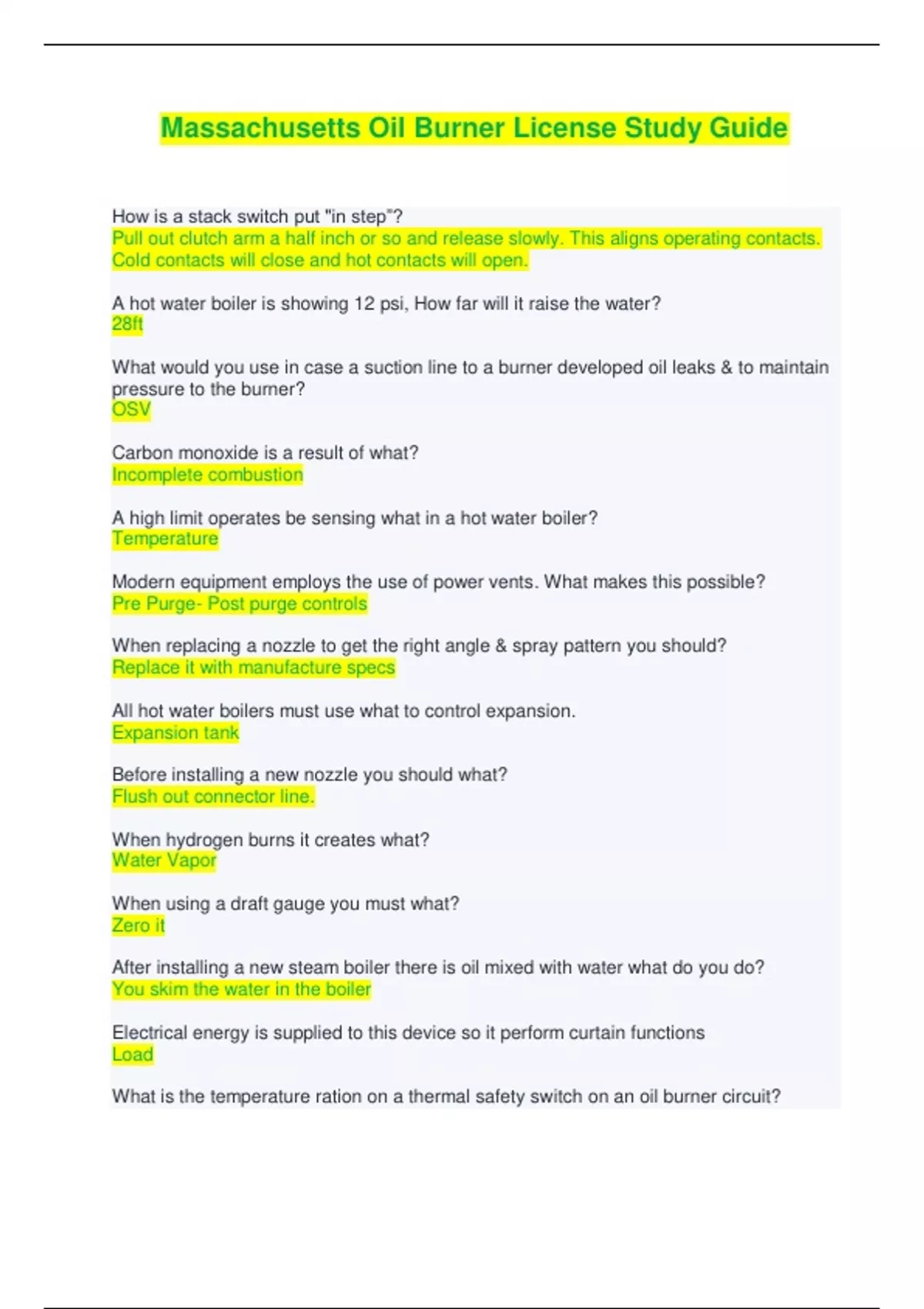 Massachusetts Oil Burner License Study Guide Questions and Answers