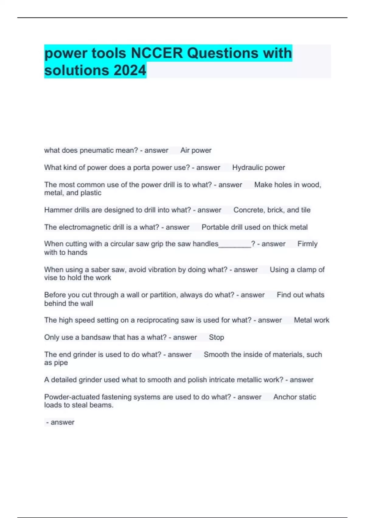 power tools NCCER Questions with solutions 2024 NCCER Stuvia US