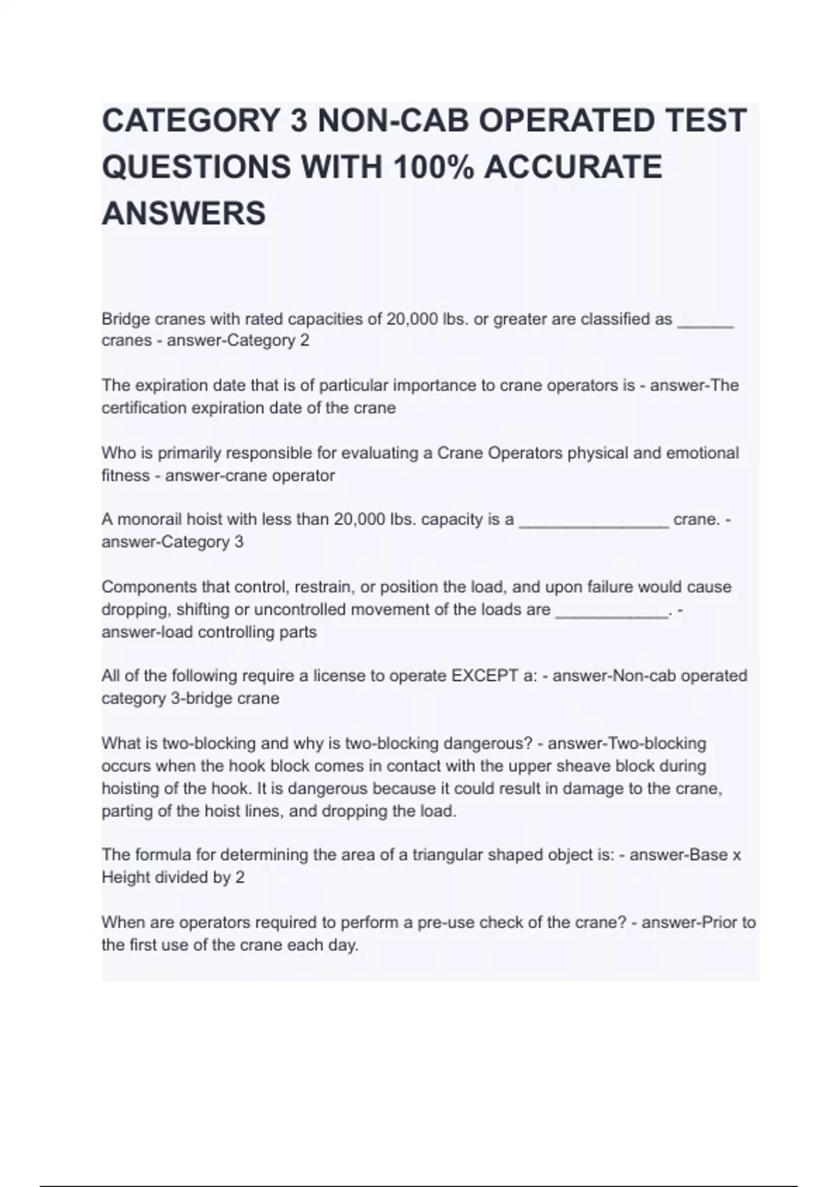 CATEGORY 3 NON-CAB OPERATED TEST QUESTIONS WITH 100% ACCURATE ANSWERS ...