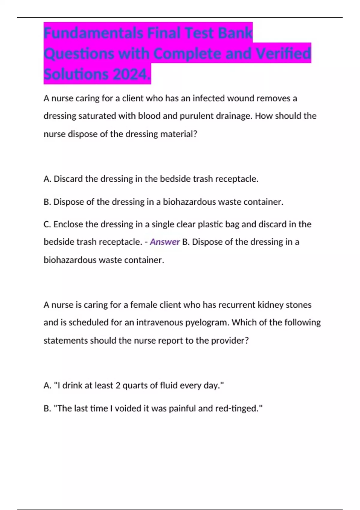 Fundamentals Final Test Bank Questions with Complete and Verified ...