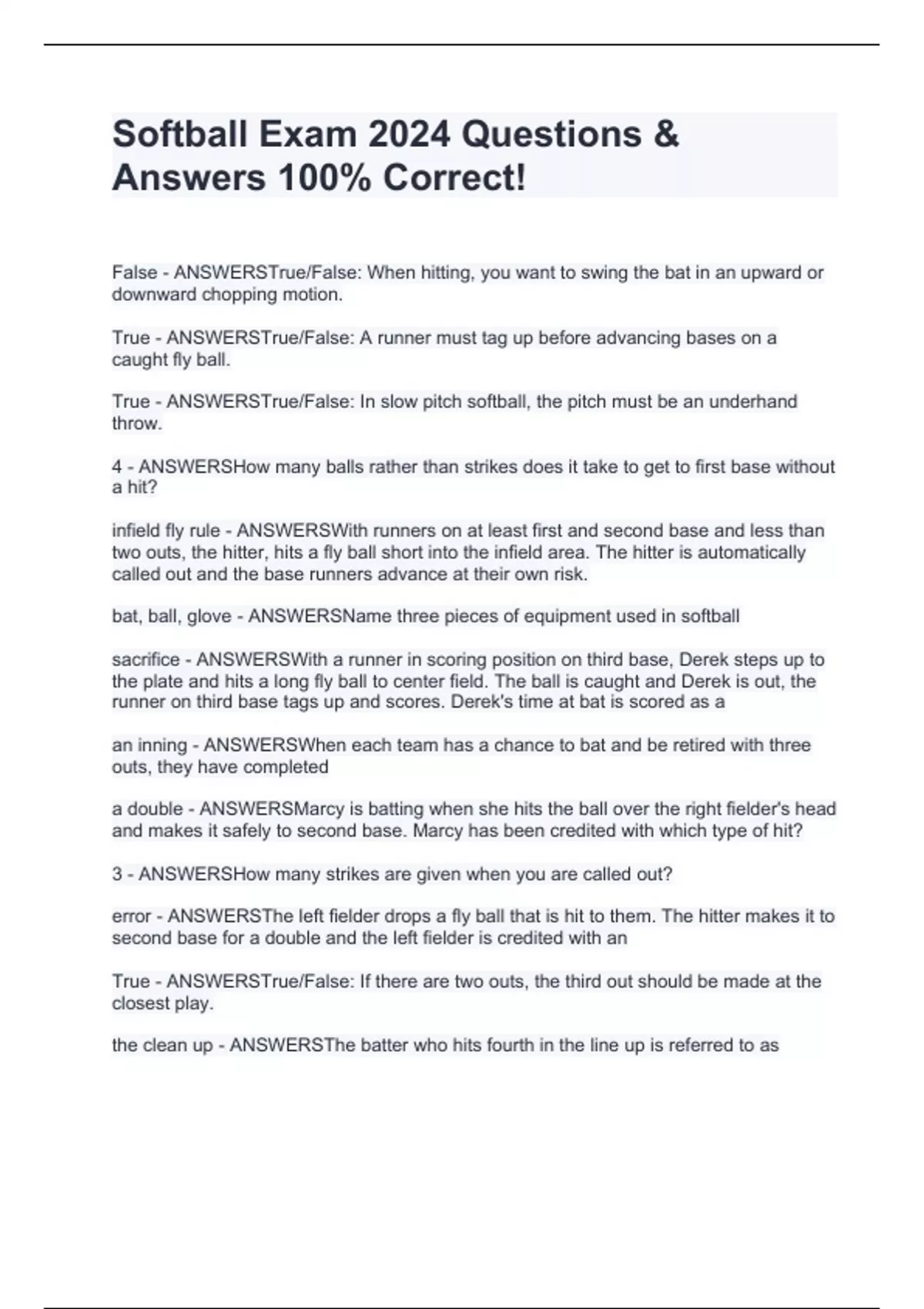 Softball Exam 2024 Questions & Answers 100 Correct! Softball Stuvia US
