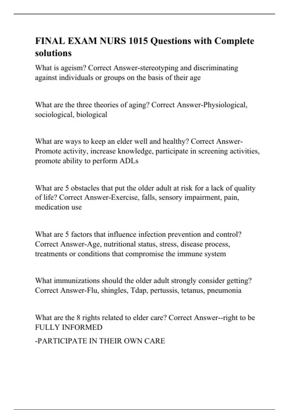 FINAL EXAM NURS 1015 Questions with Complete solutions - RN- Nursing ...