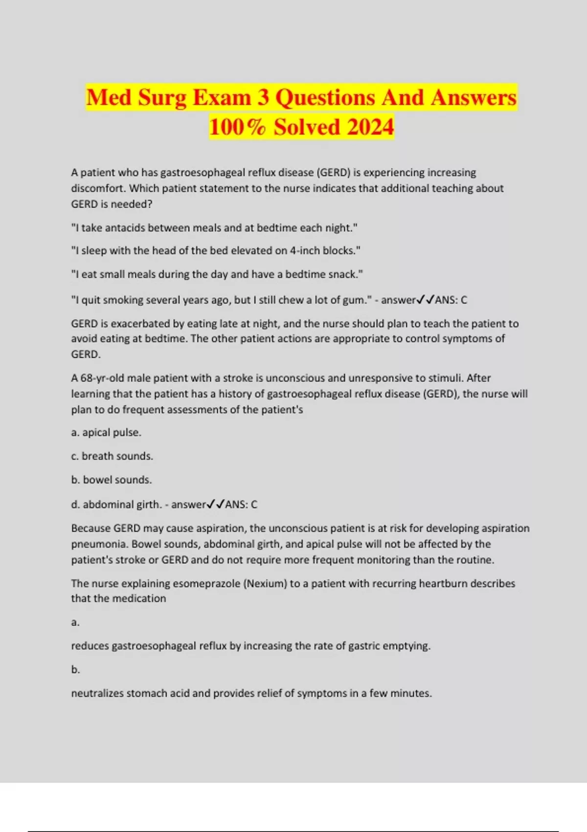 Med Surg Exam 3 Questions And Answers 100% Solved 2024 - Med surg - Stuvia US