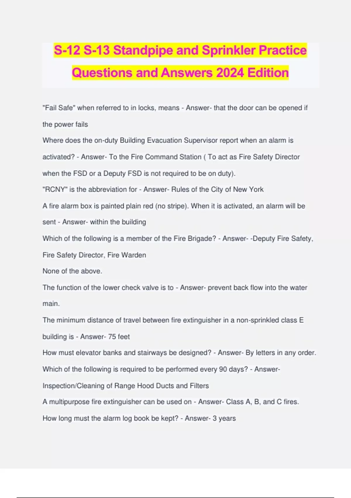 S12 S13 Standpipe and Sprinkler Practice Questions and Answers 2024