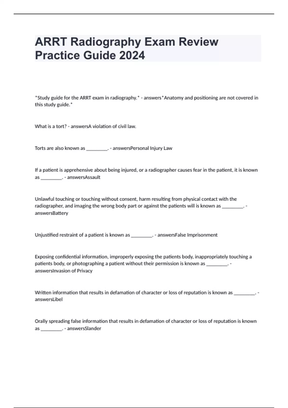 ARRT Radiography Exam Review Practice Guide 2024 - ARRT - Stuvia SA