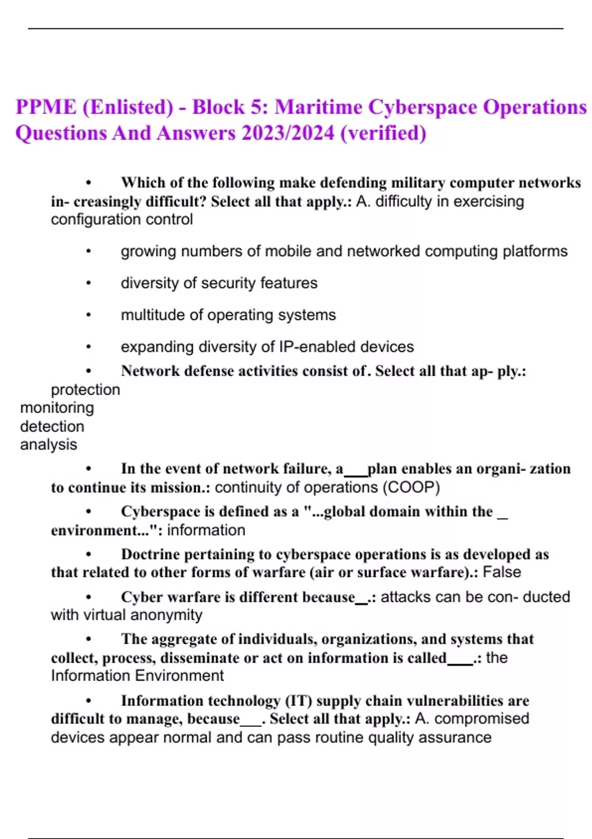PPME (Enlisted) Block 5 Maritime Cyberspace Operations Questions And Answers 2023/2024