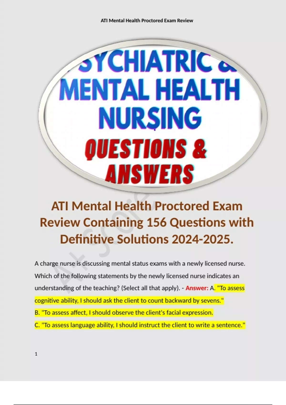 ATI Mental Health Proctored Exam Review Containing 156 Questions with ...