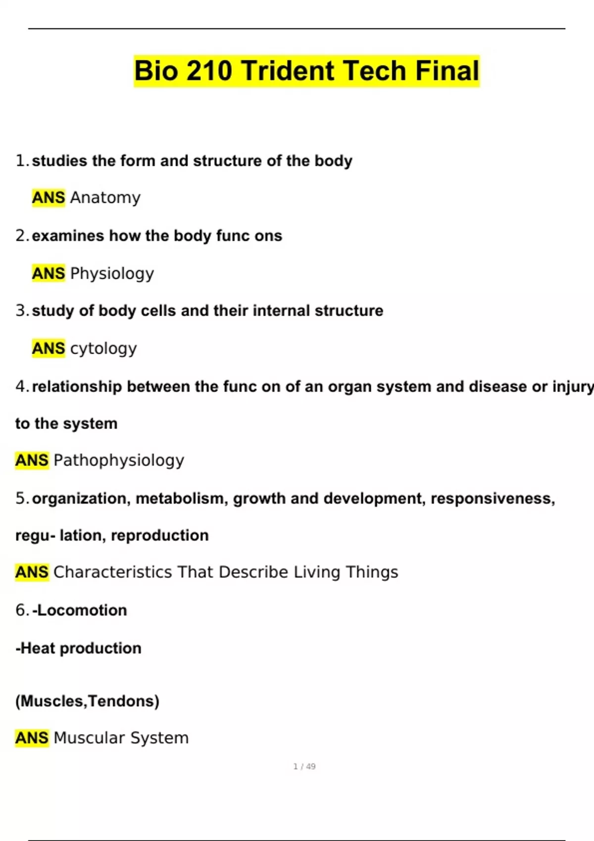Bio 210 Trident Tech Final Exam Questions and Answers (2024 / 2025 ...