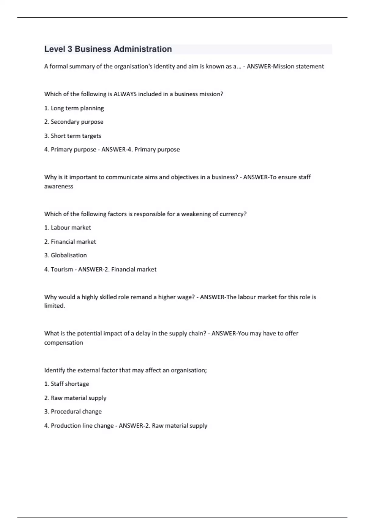 Level 3 Business Administration A formal summary of the organisation's ...