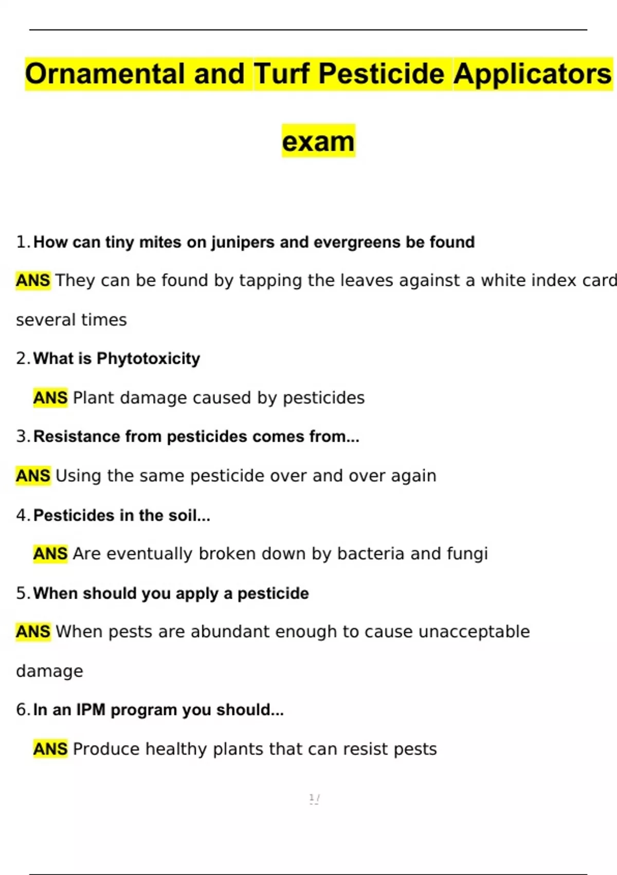 Ornamental and Turf Pesticide Applicators exam Questions and Answers