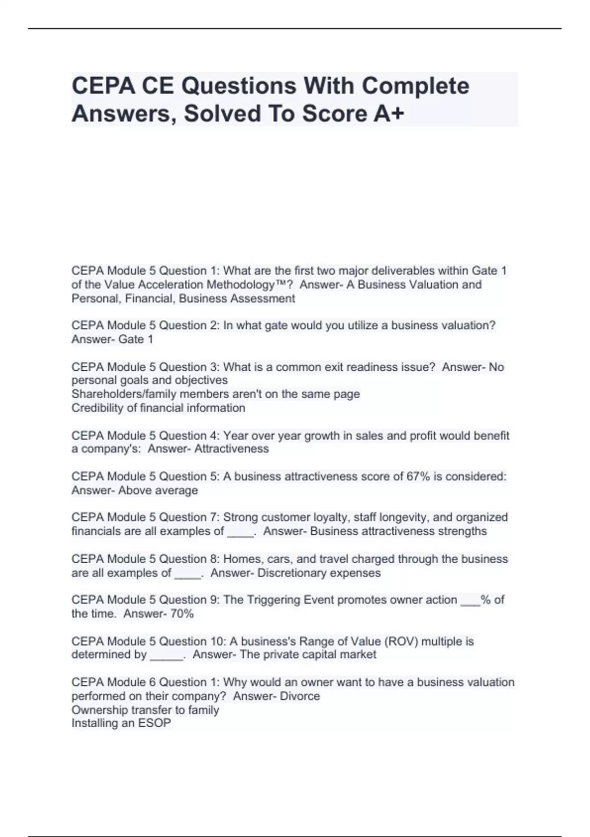 CEPA CE Questions With Complete Answers, Solved To Score A+ - CEPA ...