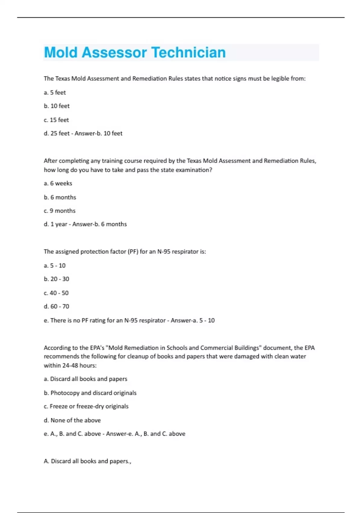 Mold Assessor Technician Questions and Answers(A+ Solution guide