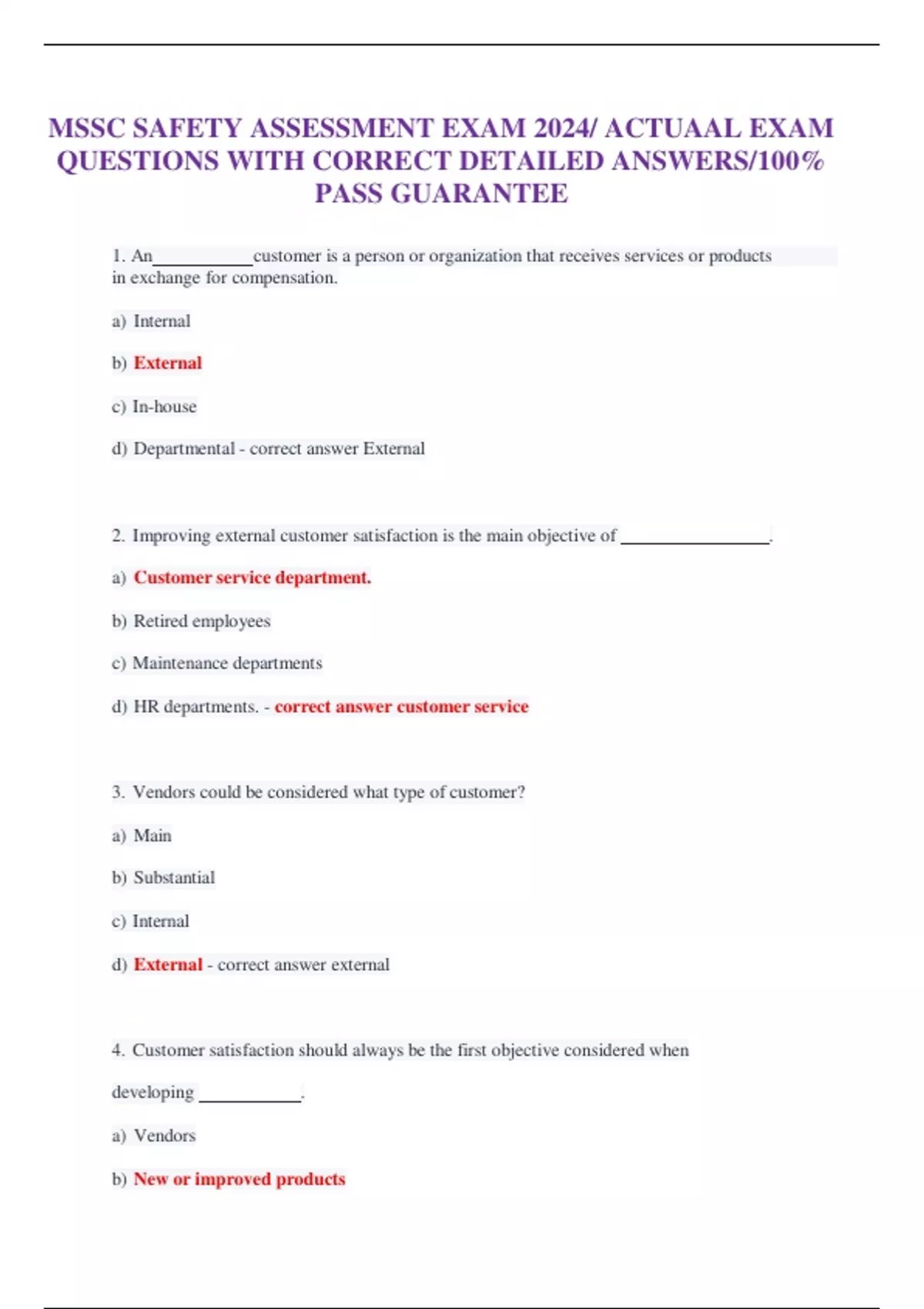 MSSC SAFETY ASSESSMENT EXAM 2024/ ACTUAAL EXAM QUESTIONS WITH CORRECT DETAILED ANSWERS/100 PASS