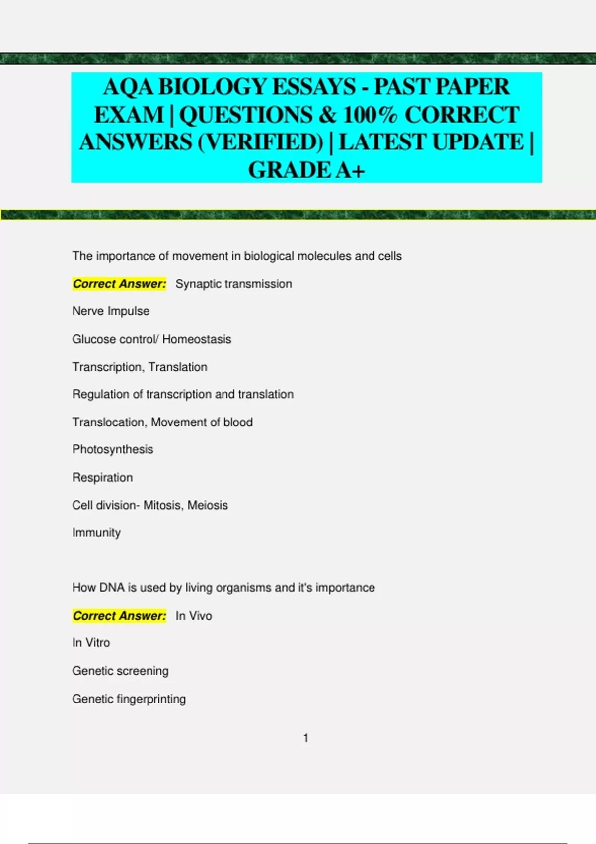 AQA BIOLOGY ESSAYS - PAST PAPER EXAM | QUESTIONS & 100% CORRECT ANSWERS ...