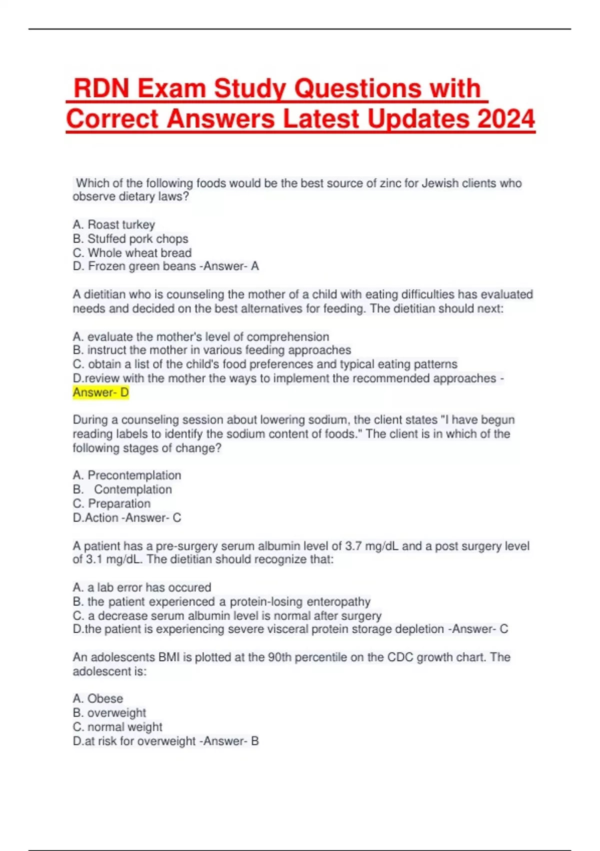 RDN Exam Study Questions with Correct Answers Latest Updates 2024.pdf ...
