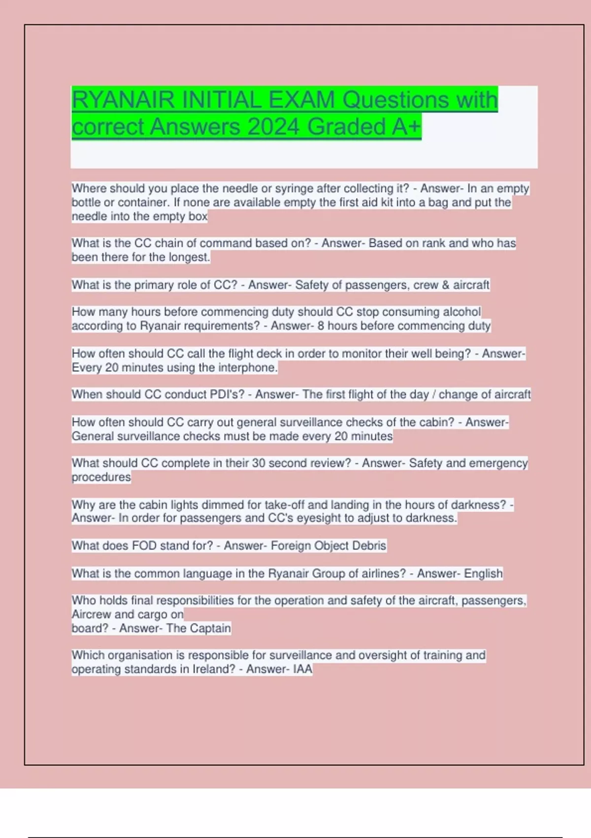 RYANAIR INITIAL EXAM Questions with correct Answers 2024 Graded A+.pdf ...