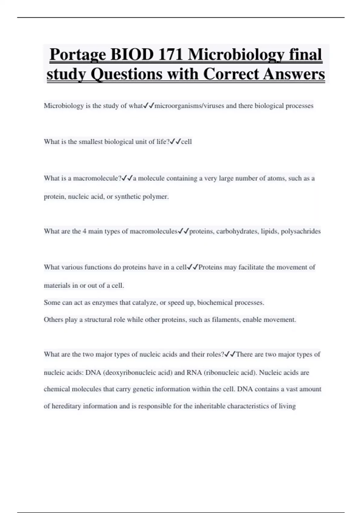 Portage BIOD 171 Microbiology final study Questions with Correct ...