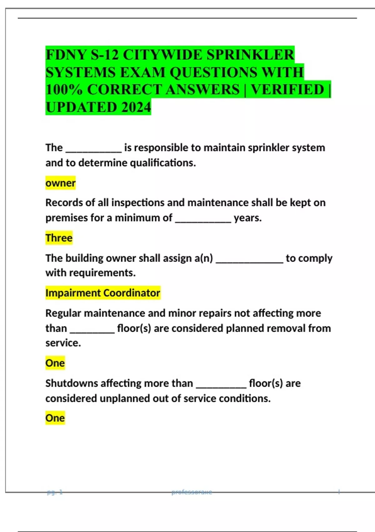 FDNY S12 CITYWIDE SPRINKLER SYSTEMS EXAM QUESTIONS WITH 100 CORRECT