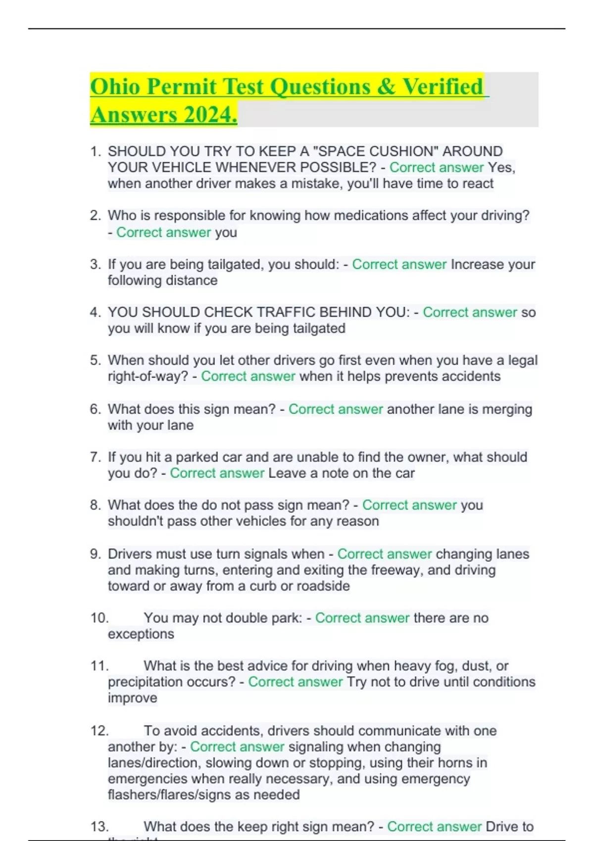 Ohio Permit Test Questions & Verified Answers 2024. ND Board of