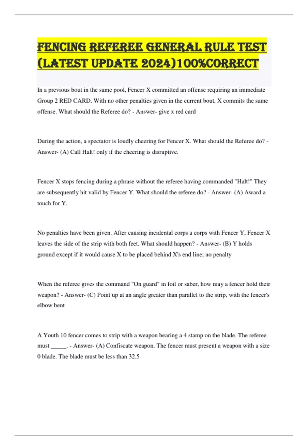 fencing referee general rule test latest upda te 2024) 100 correct