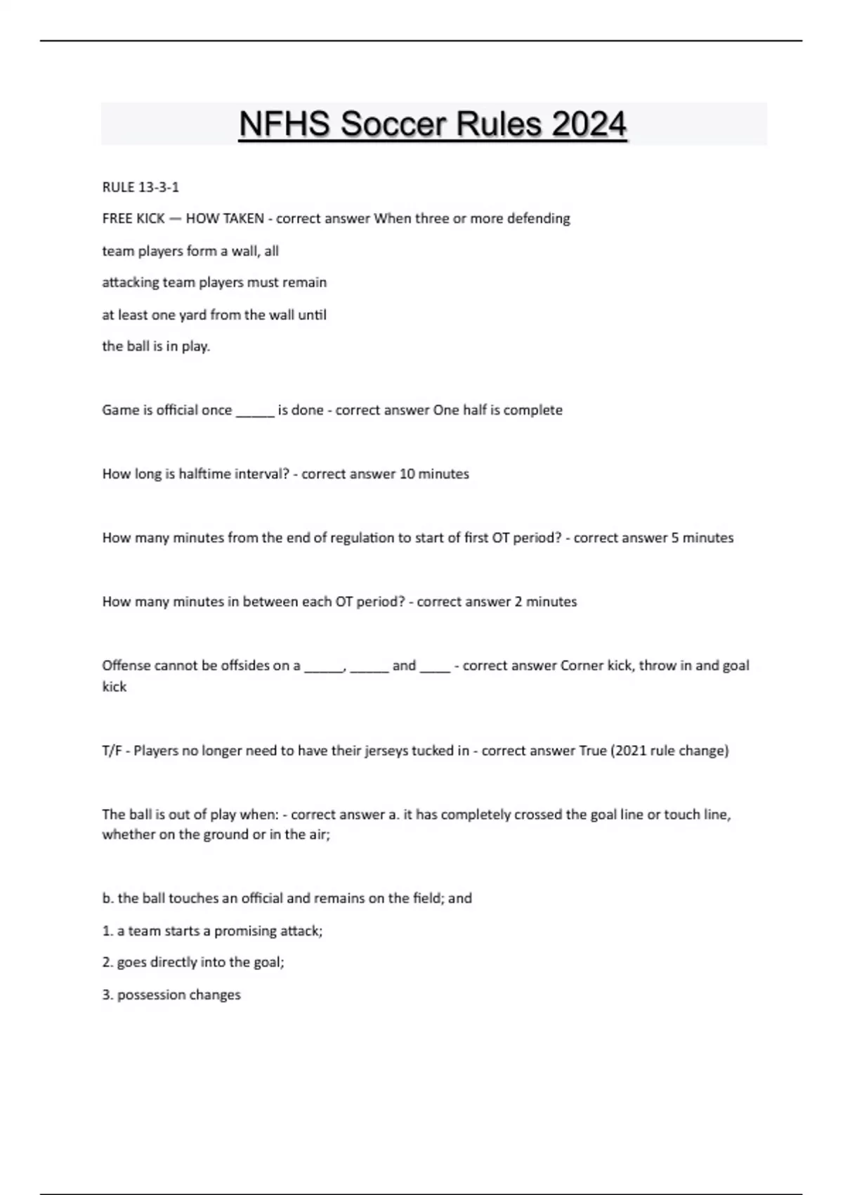 NFHS Soccer Rules 2024 Questions and answers latest update 2024 NFHS