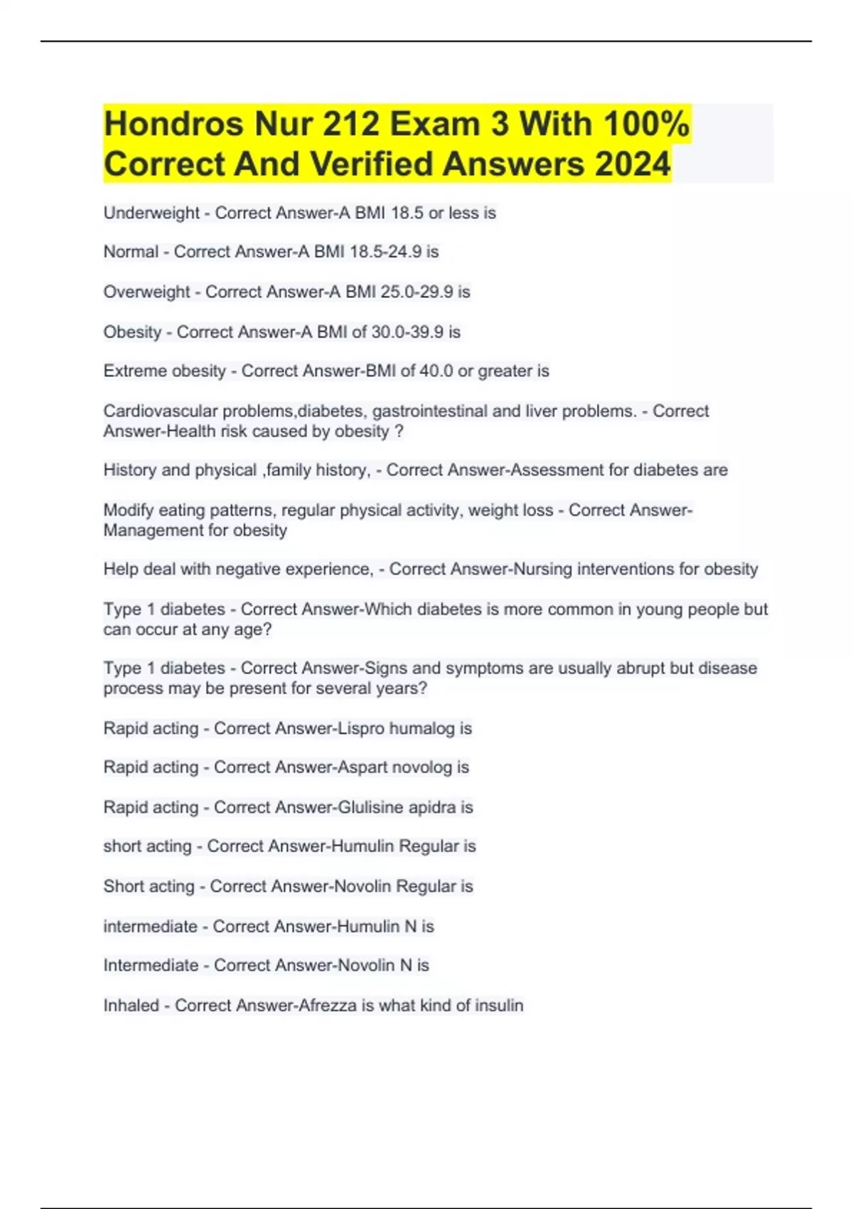 Hondros Nur 212 Exam 3 With 100% Correct And Verified Answers 2024 ...