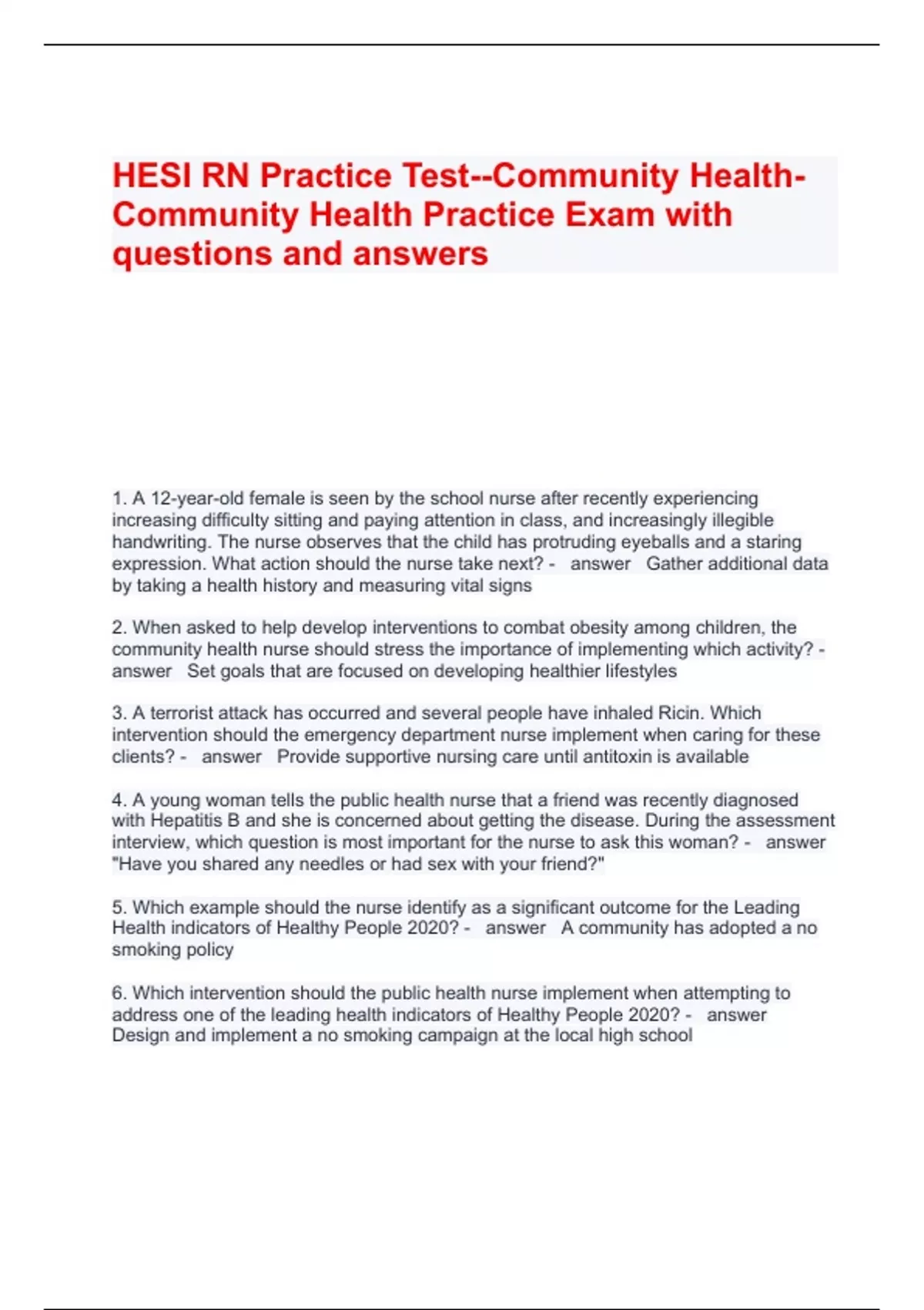 HESI RN Health Assessment Exam Questions and Answers (2024 / 2025 ...