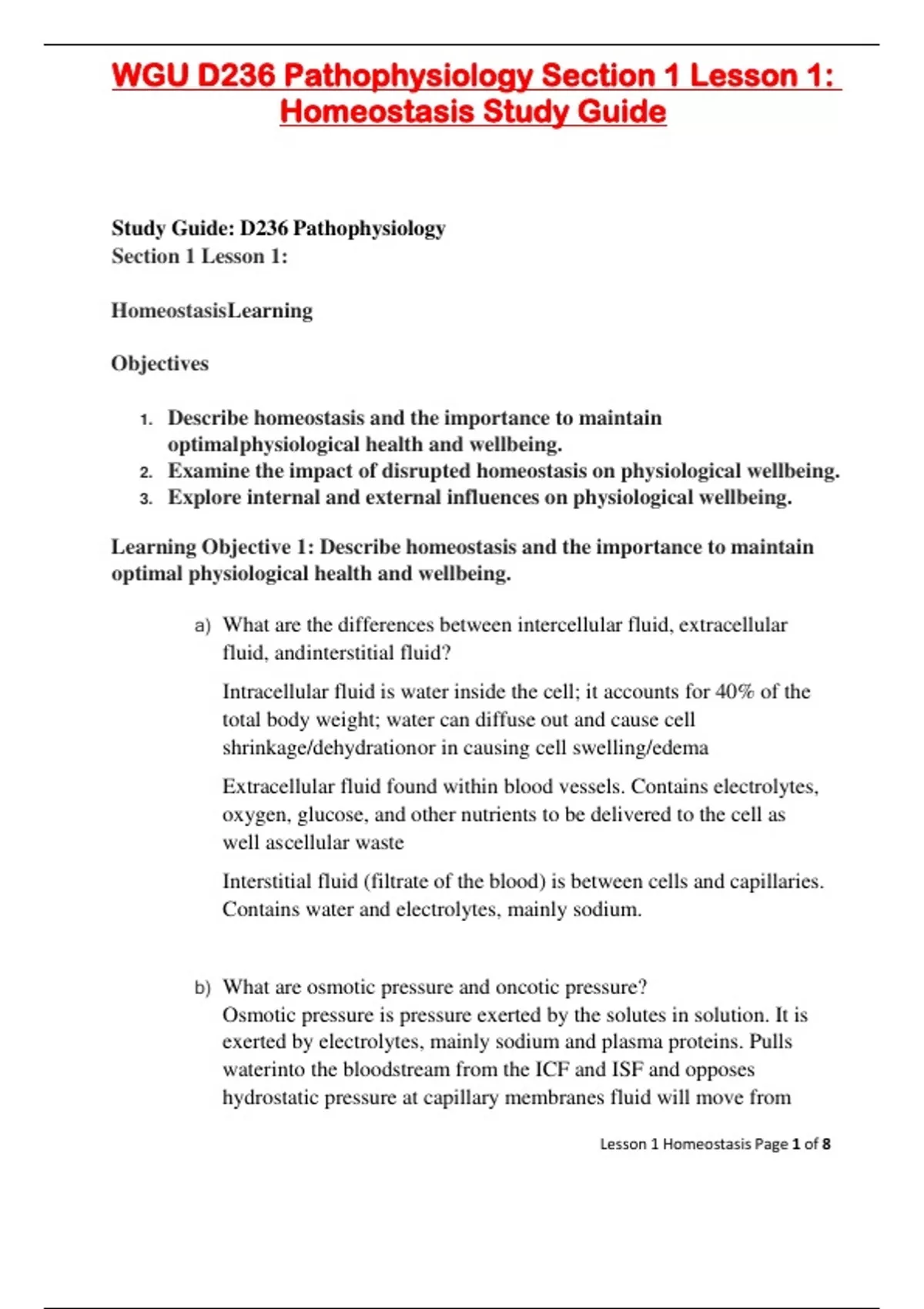 WGU D236 Pathophysiology Section 1 Lesson 1: Homeostasis Study Guide ...