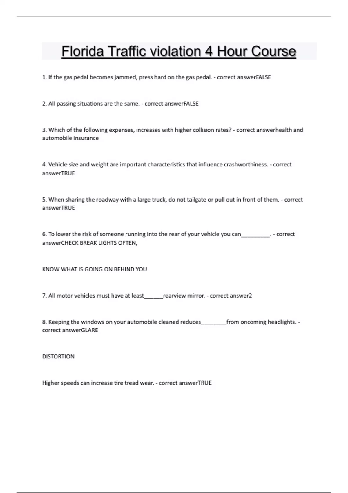 Florida Traffic violation 4 Hour Course Questions and answers latest