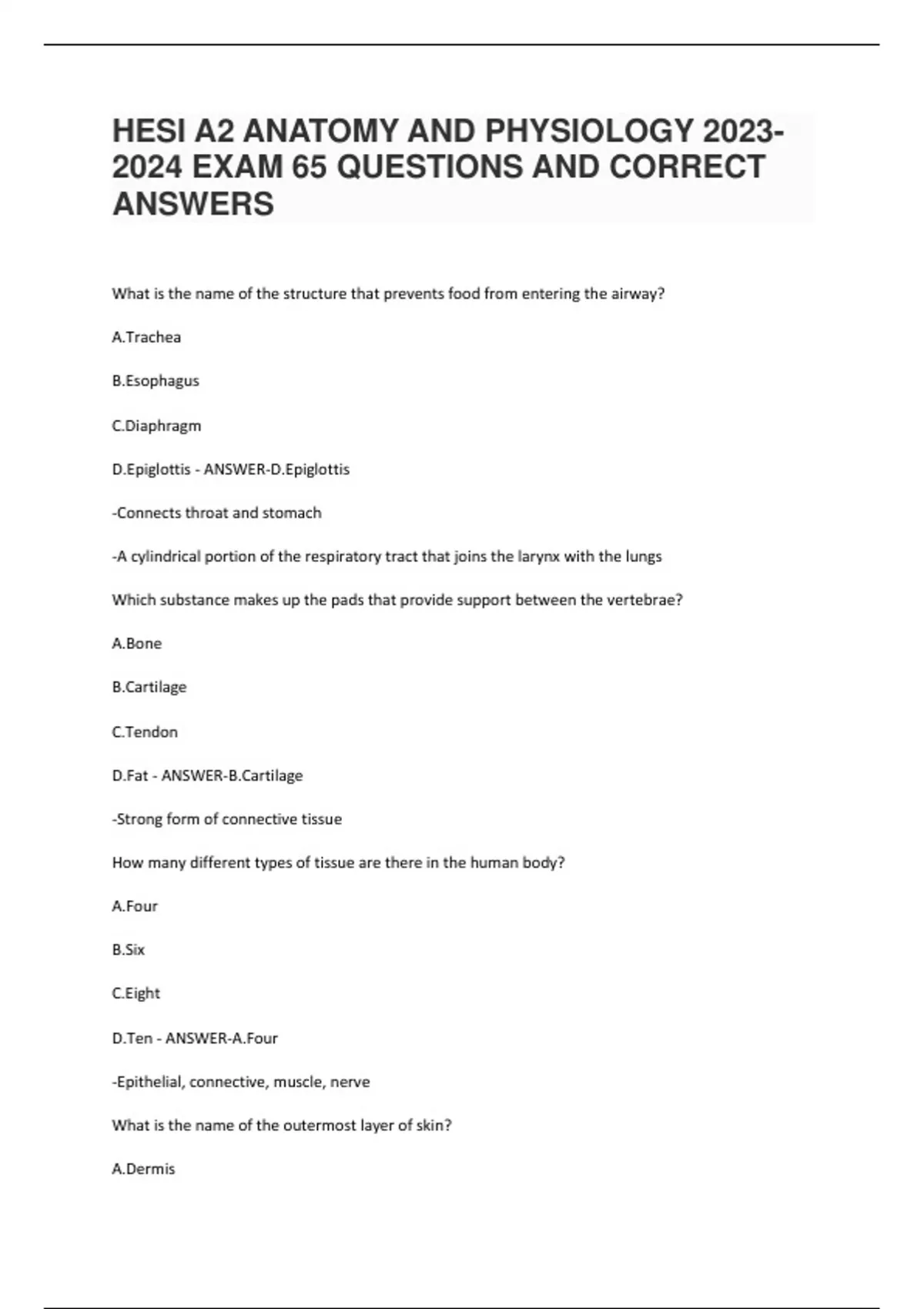 HESI A2 ANATOMY AND PHYSIOLOGY EXAM 65 QUESTIONS AND CORRECT ANSWERS Hesi a2 anatomy and physiology exam 65 questions and correct answers