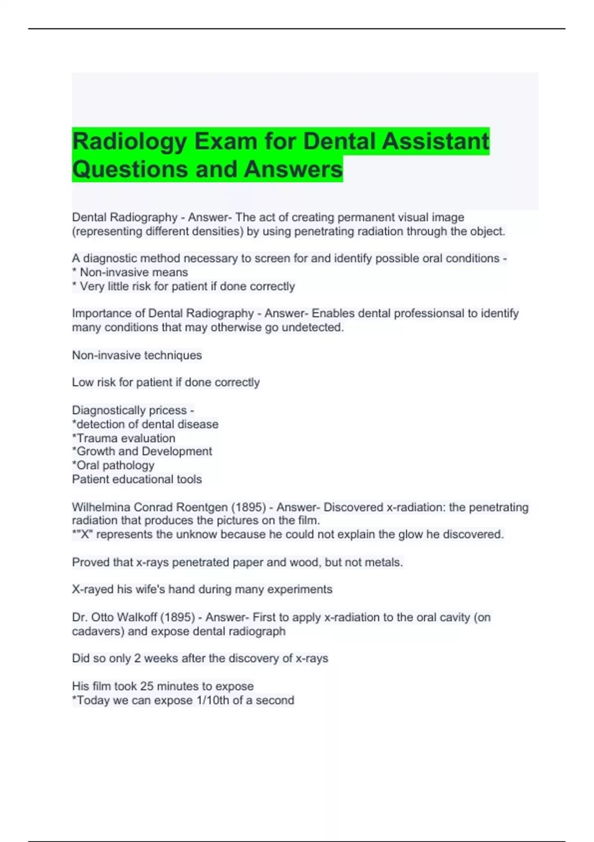 Radiology Exam for Dental Assistant Questions and Answers 2024 Dental