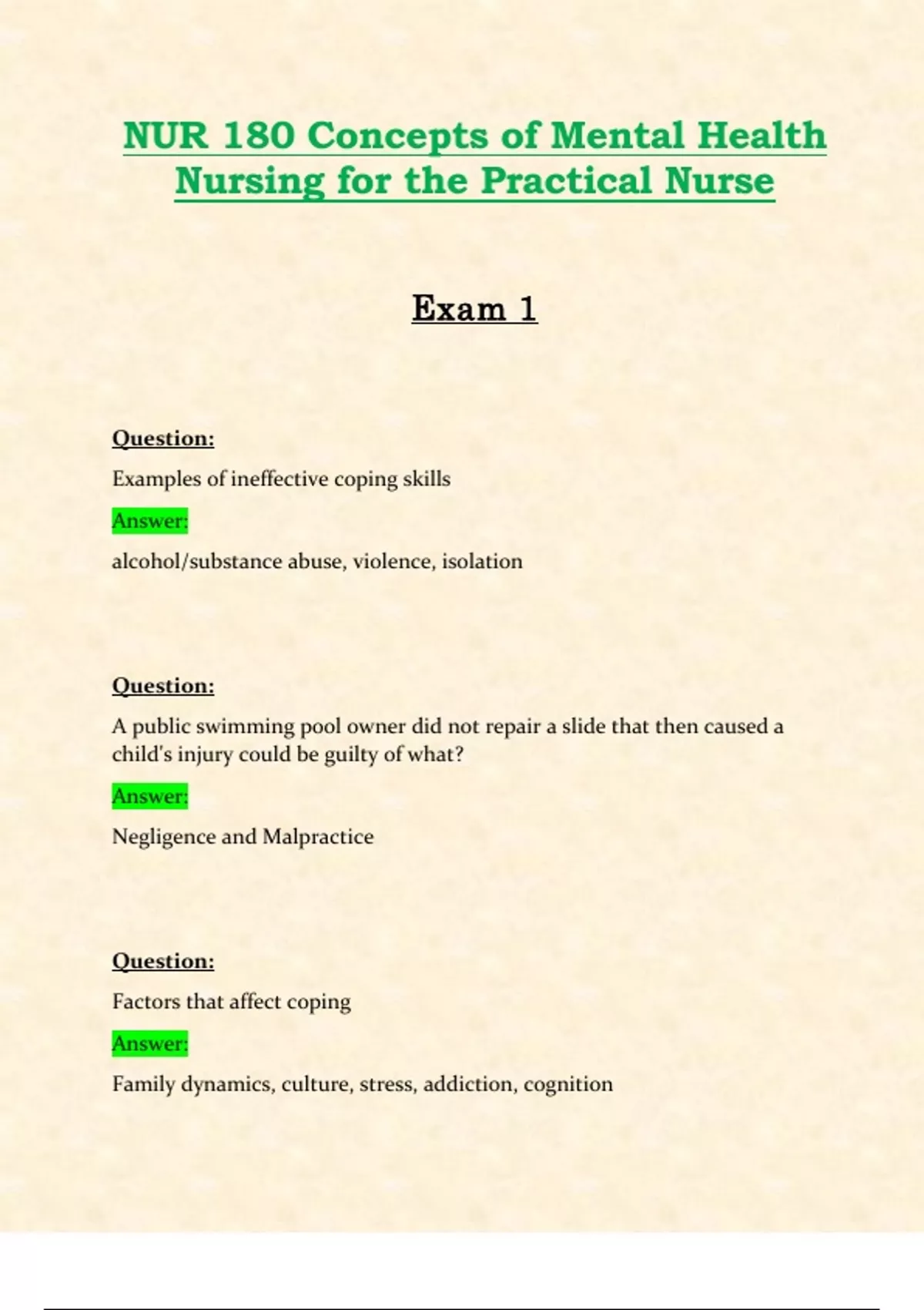 NUR180 / NUR 180 Exam 1 (Latest 2024 / 2025): Concepts of Mental Health ...