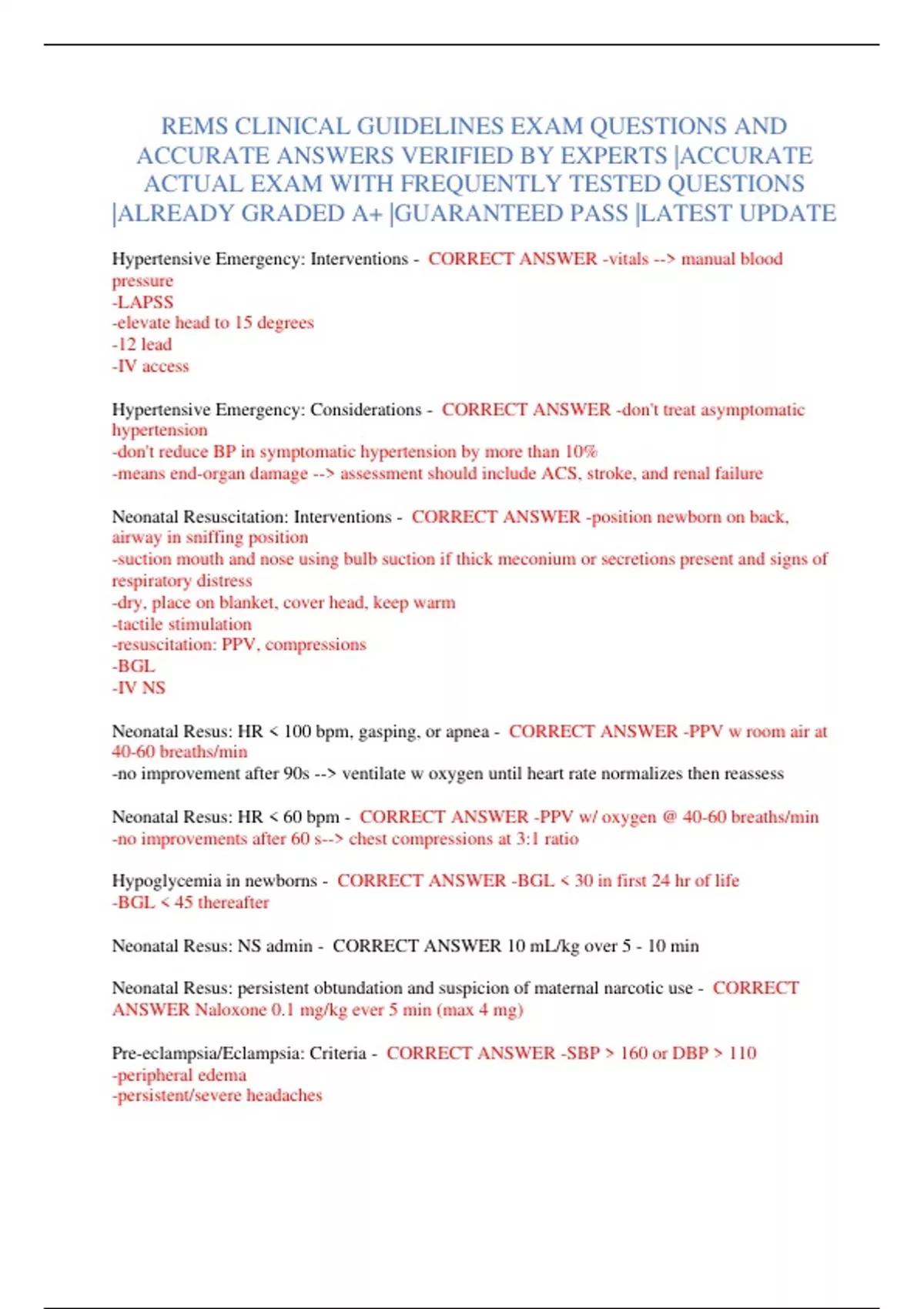 REMS CLINICAL GUIDELINES EXAM QUESTIONS AND ACCURATE ANSWERS VERIFIED