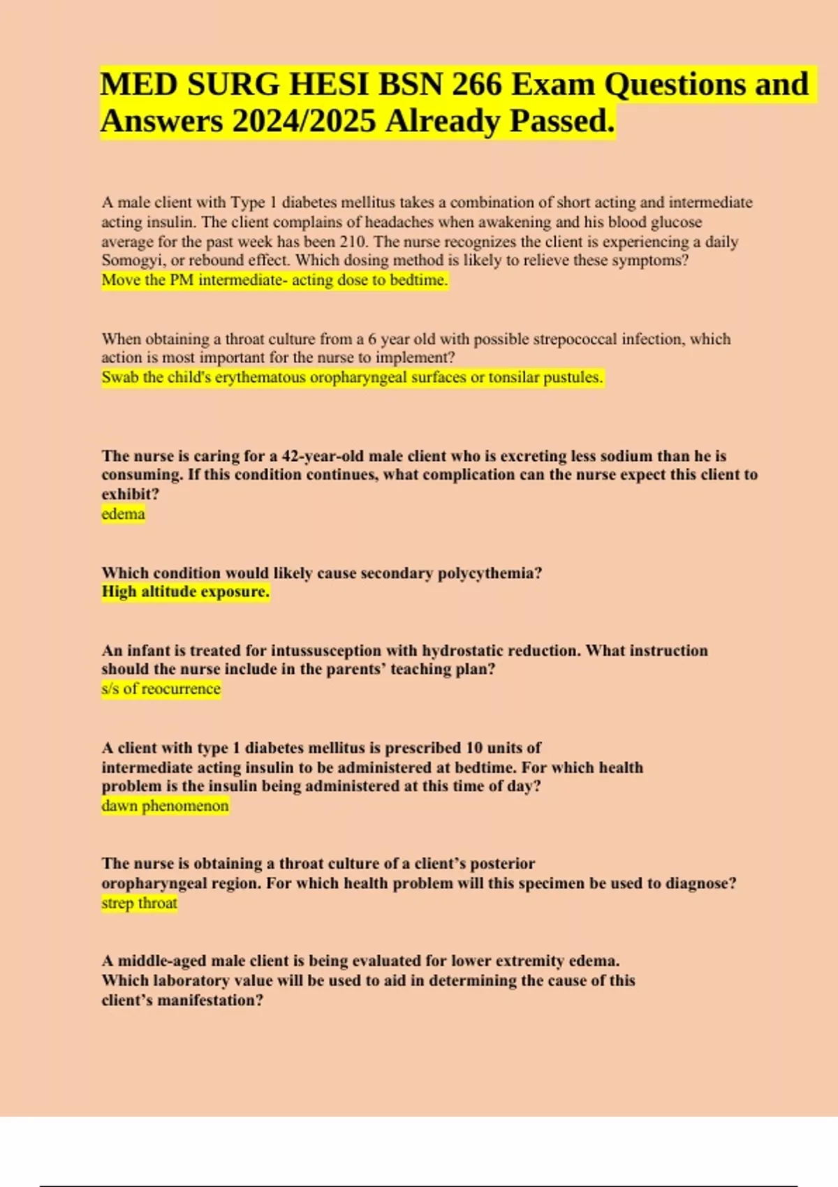 Med Surg Hesi BSN 266 Practice Questions and Answers, MED SURG HESI BSN