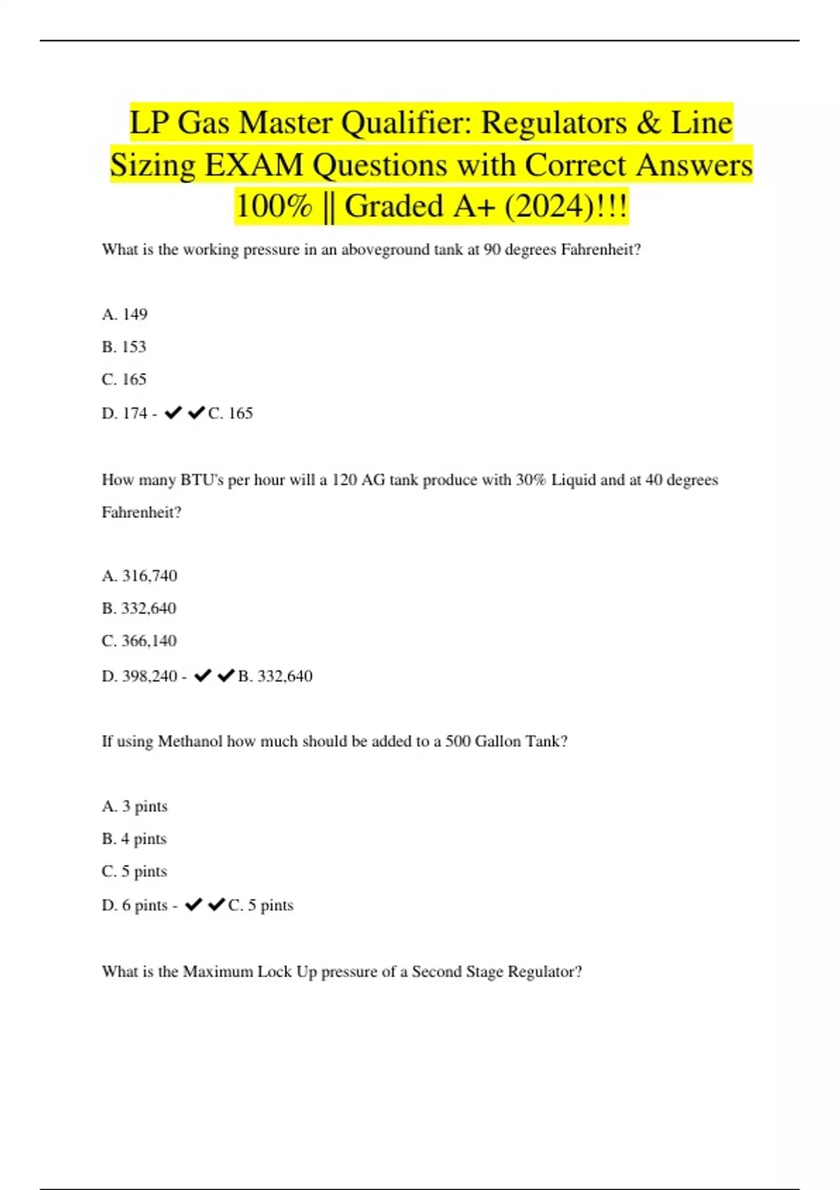 LP Gas Master Qualifier: Regulators &amp; Line Sizing EXAM Questions with Correct Answers 100% ...