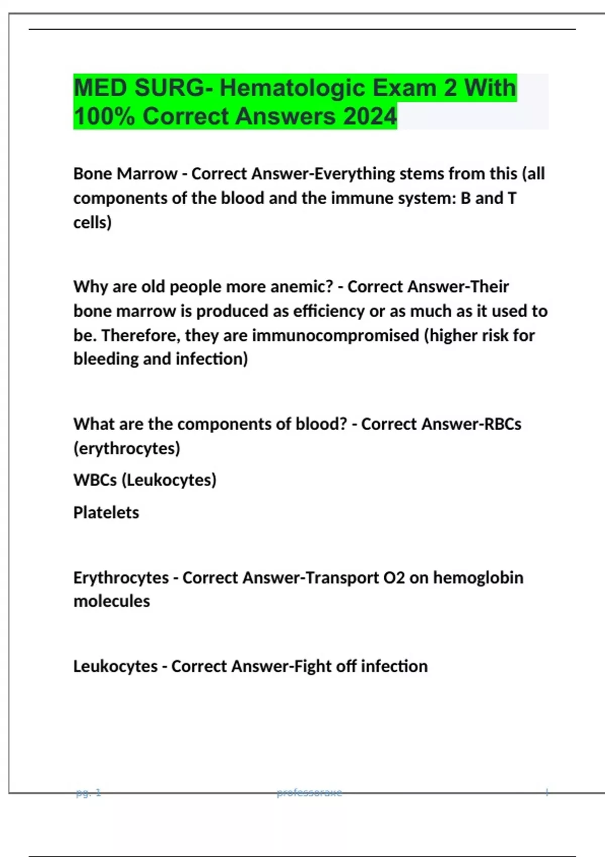 MED SURG- Hematologic Exam 2 With 100% Correct Answers 2024 - MED SURG ...