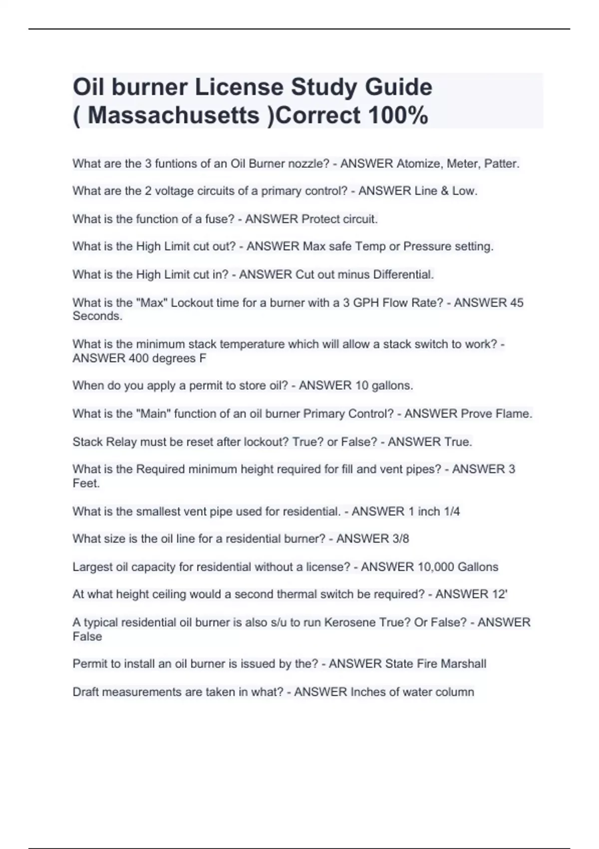 Oil Burner License Complete Questions & Answers(Latest Update 2024