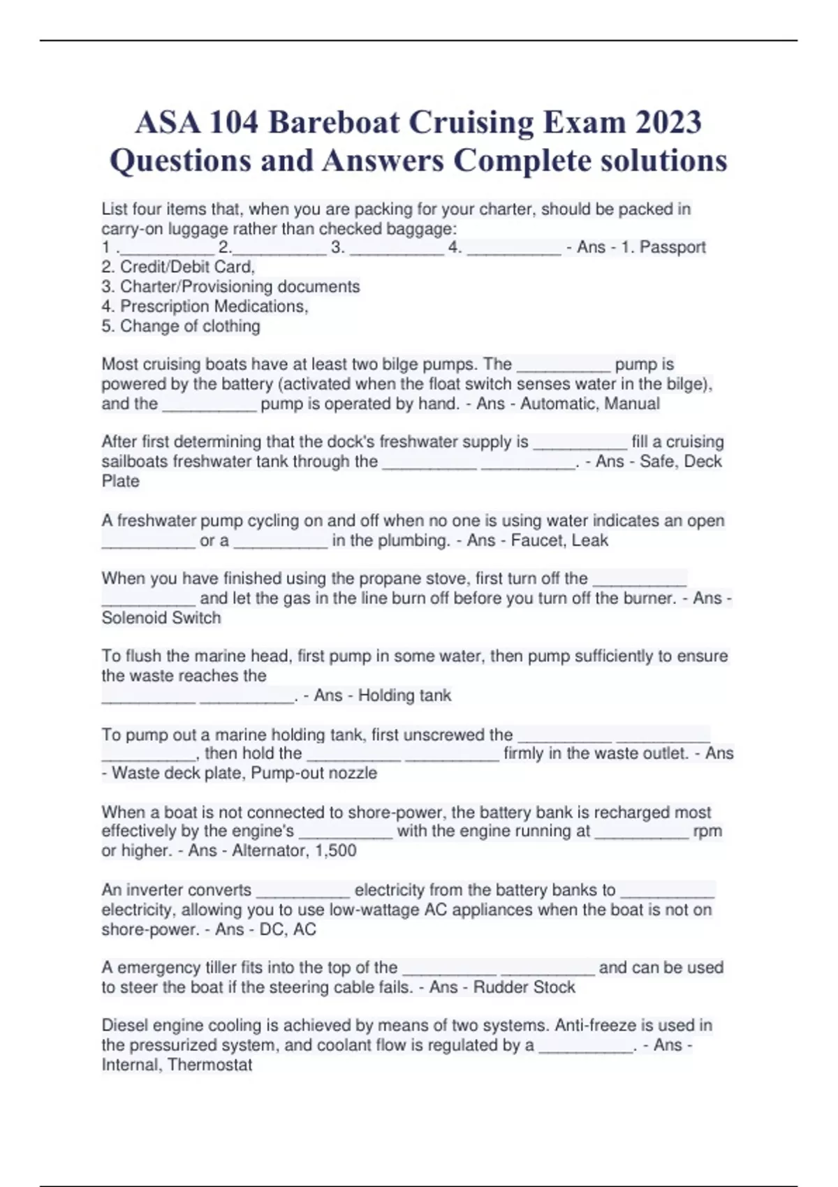 ASA 104 Bareboat Cruising Exam 2024 Questions and Answers Complete ...