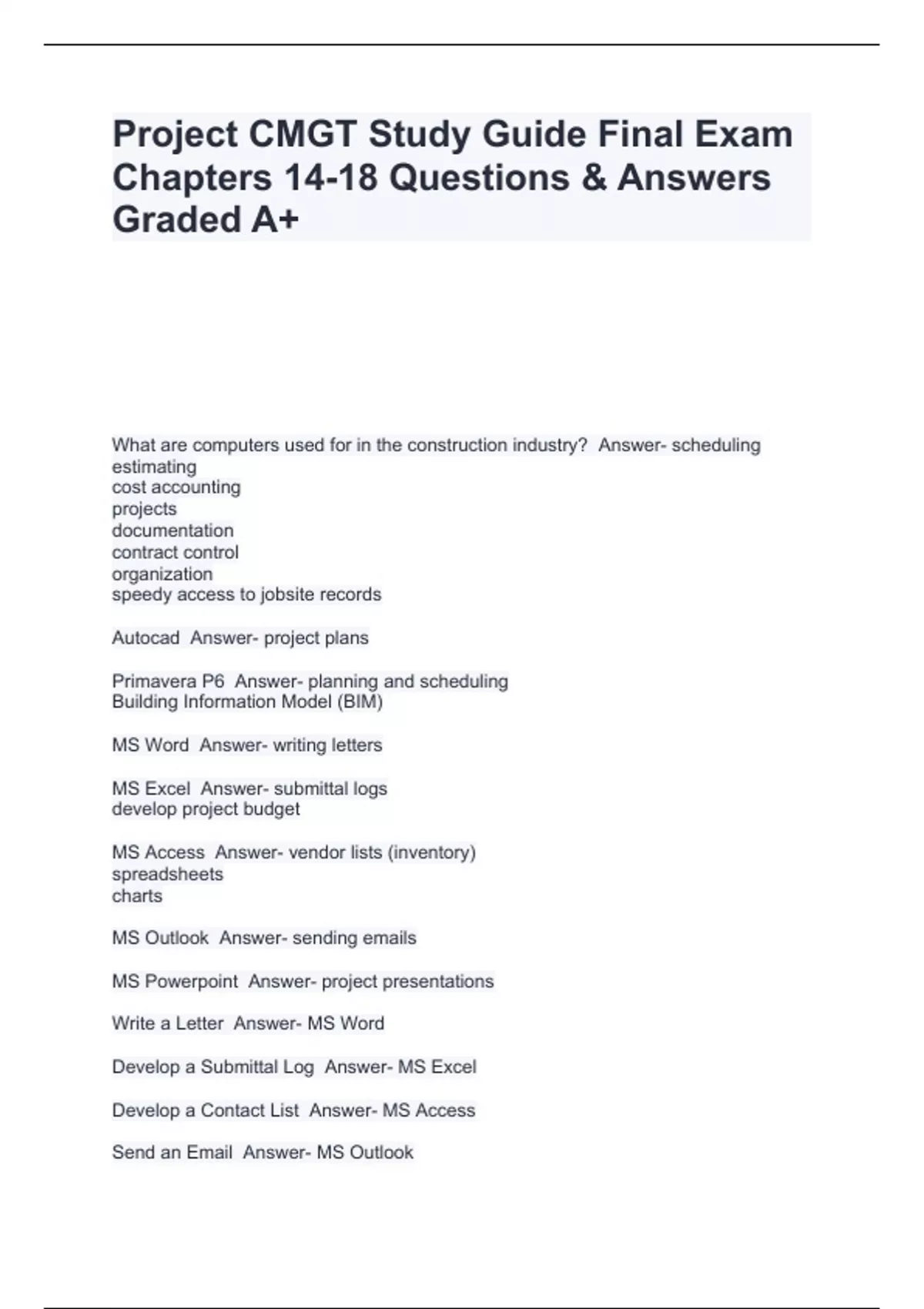 Project CMGT Study Guide Final Exam Chapters 14-18 Questions & Answers ...