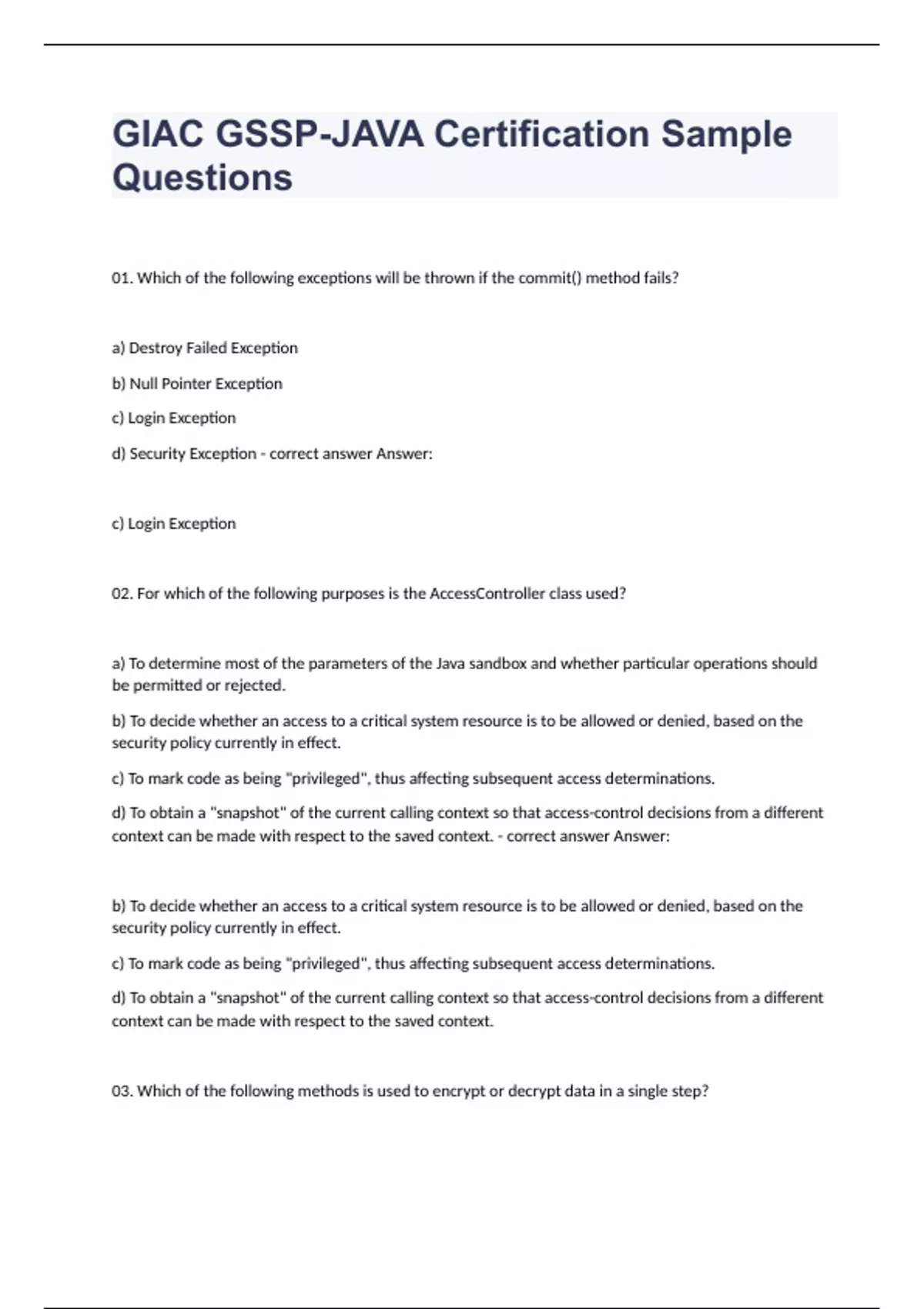 GIAC GSSP-JAVA Certification Sample Questions and answers 100% correct ...