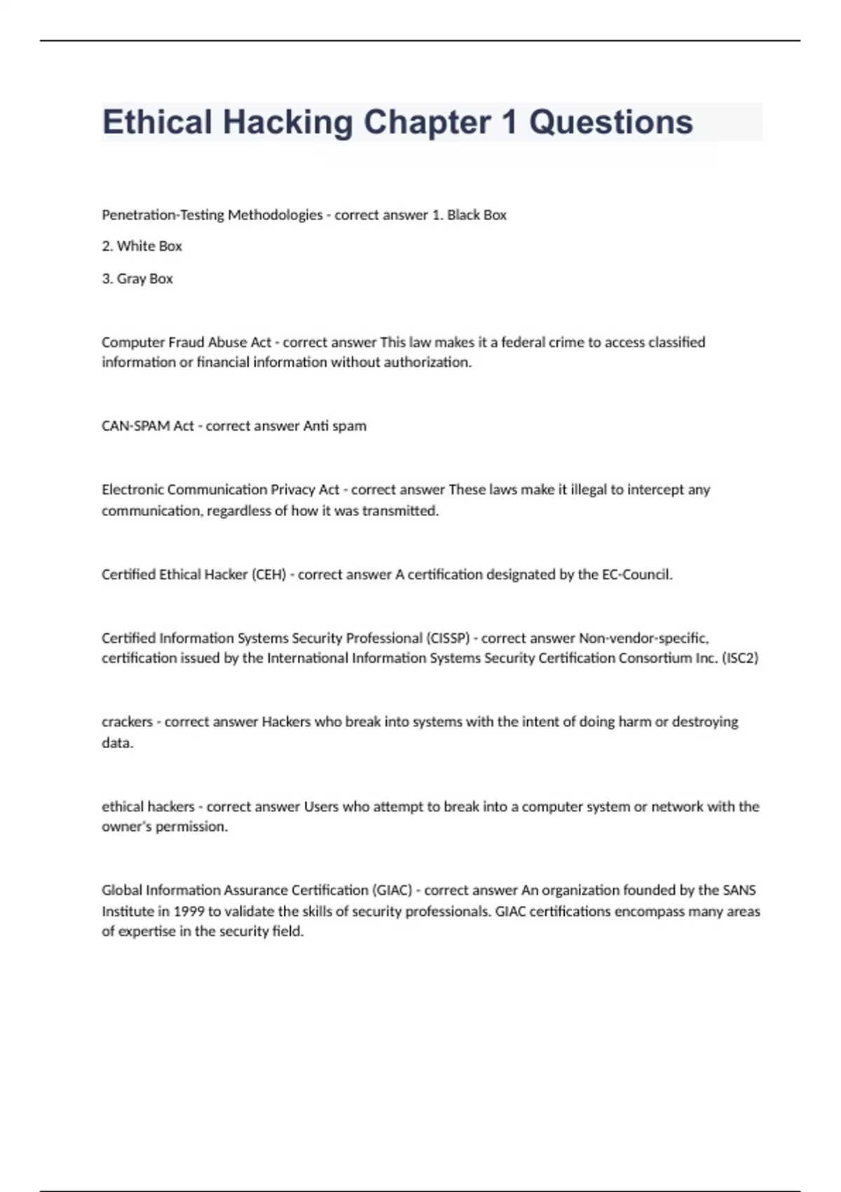 Ethical Hacking Chapter 1 Questions Correctly Answered 2024. - GIAC ...