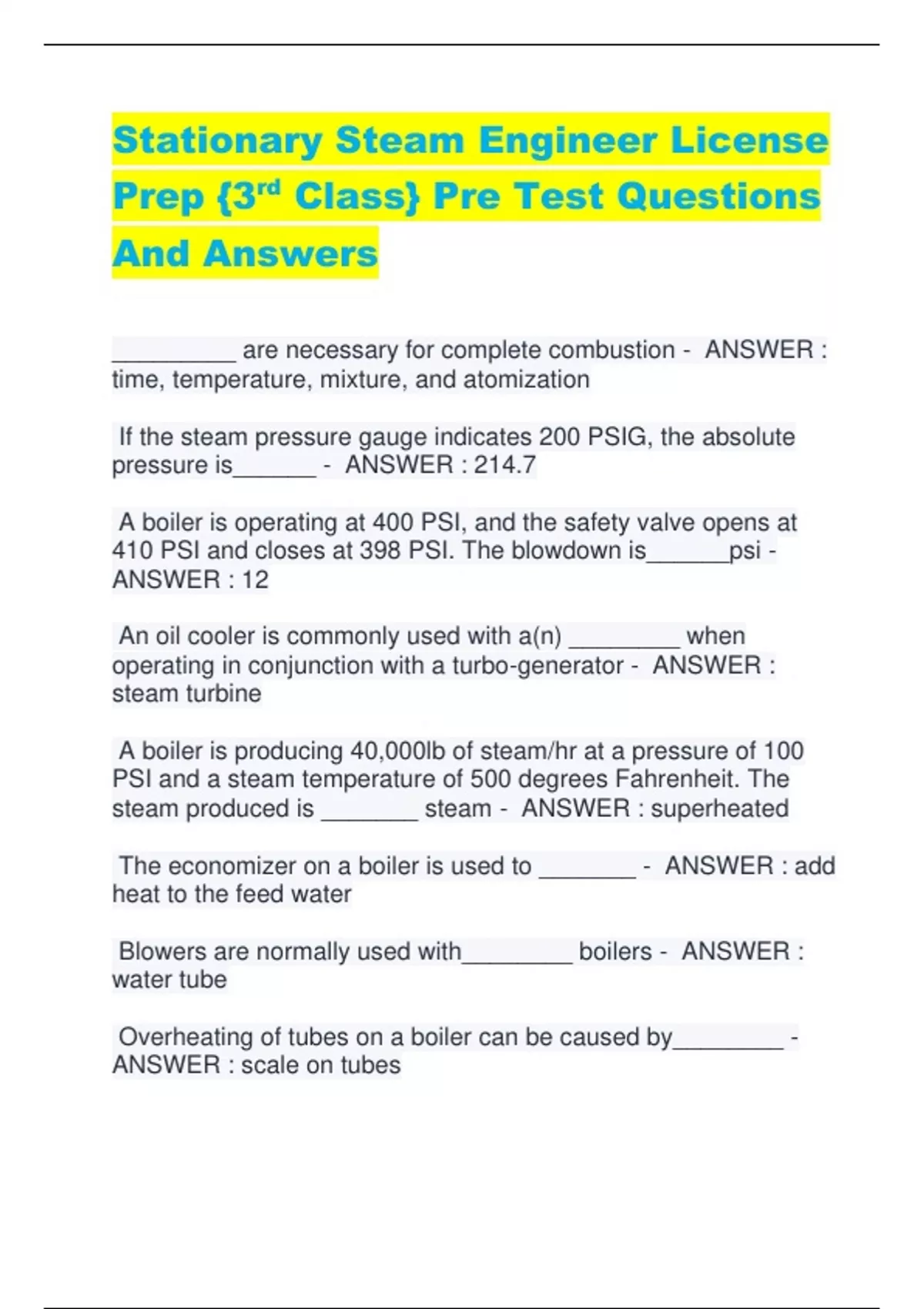 Stationary Steam Engineer License Prep {3 rd Class} Pre Test Questions