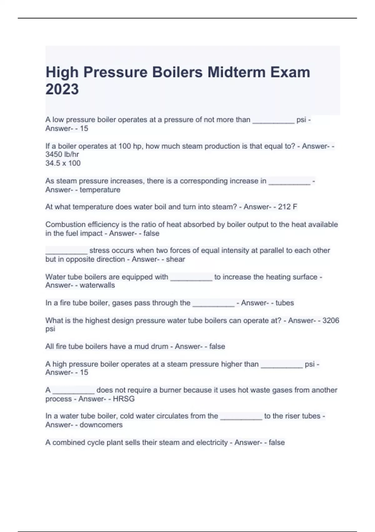 High Pressure Boilers Midterm Exam Questions and Answers High