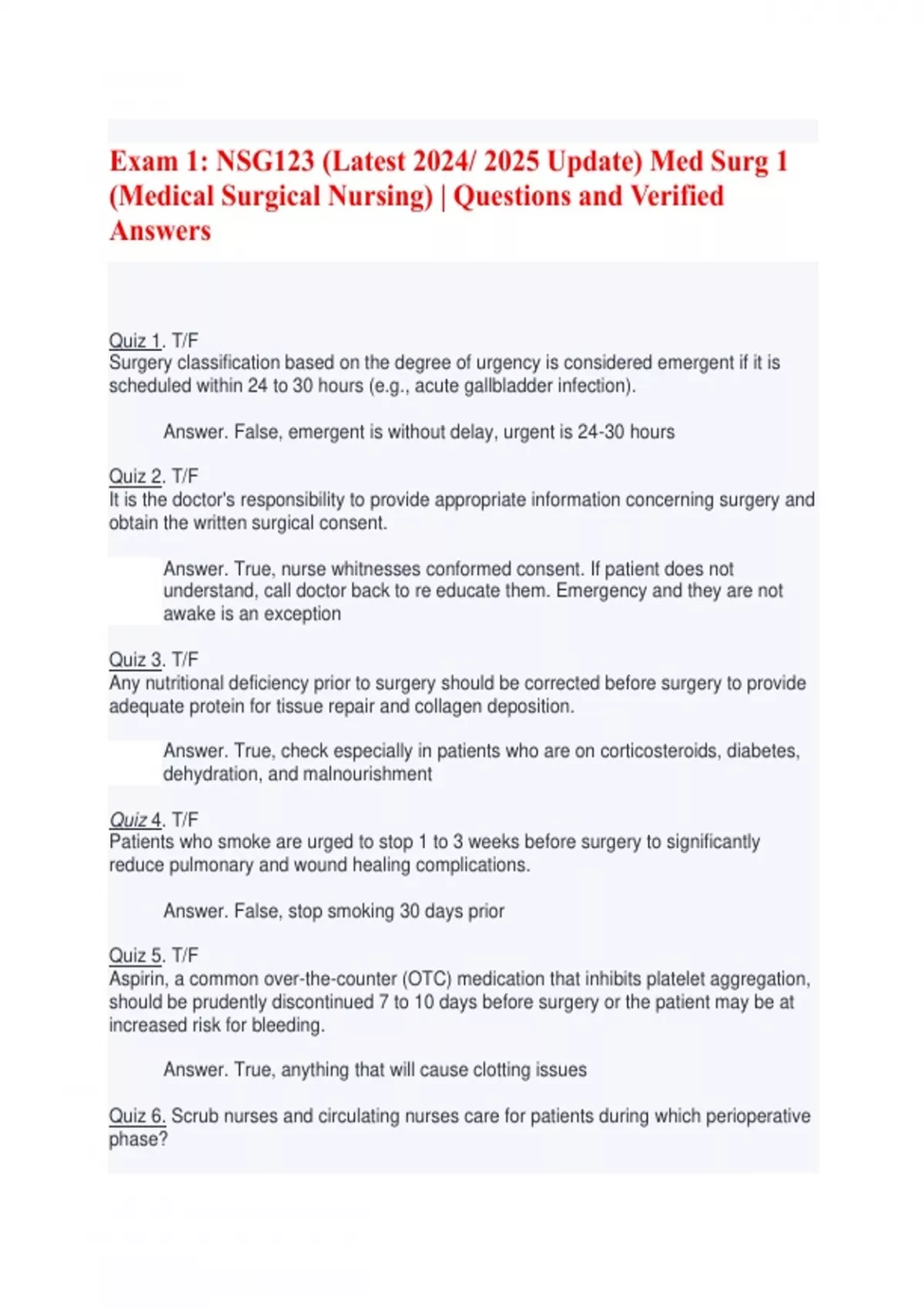 Exam 1: NSG123 (Latest 2024/ 2025 Update) Med Surg 1 (Medical Surgical ...