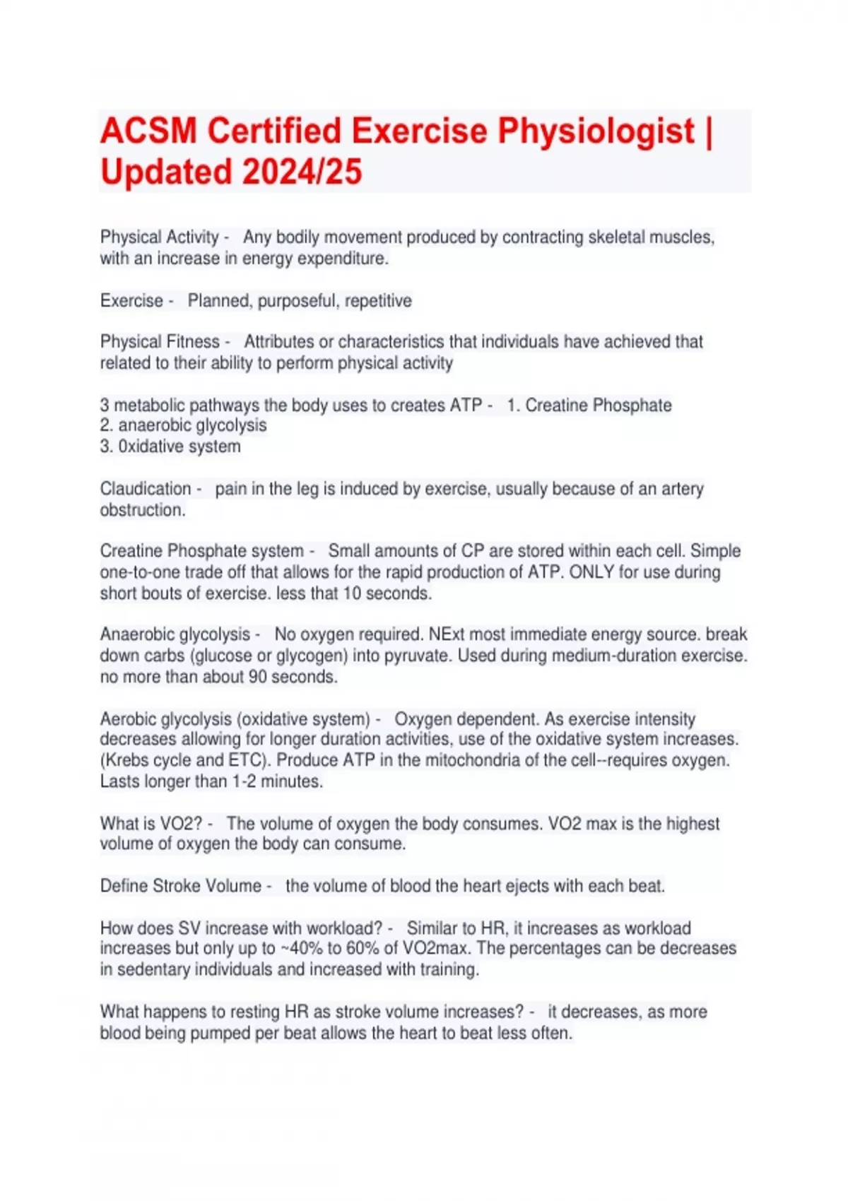 ACSM Certified Exercise Physiologist Updated 2024/25 ACSM Certified